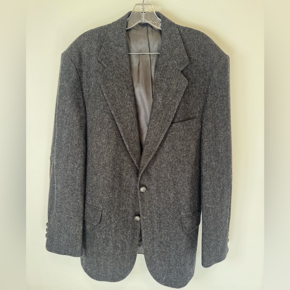 Stuart Hughes Classic Gray Men's Blazer Herringbone Brown Elbow Patches 42R